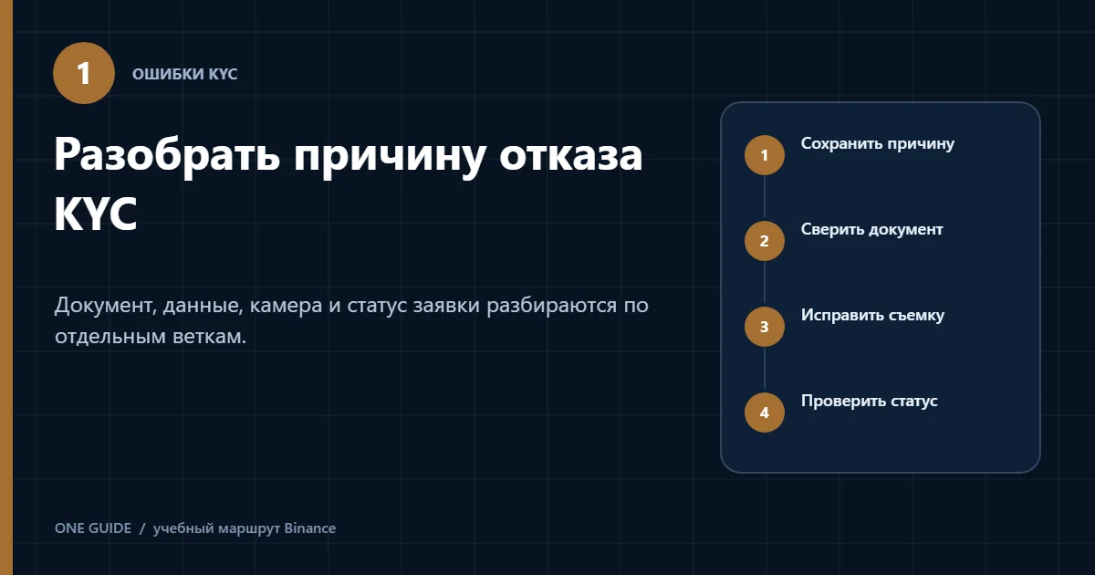 Редакционная схема разбора отказа KYC Binance по причине, документу, съемке и статусу