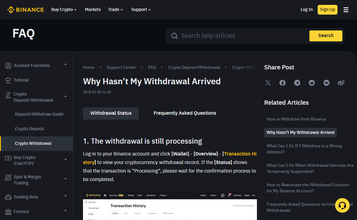 Binance's public help page on Processing withdrawal status