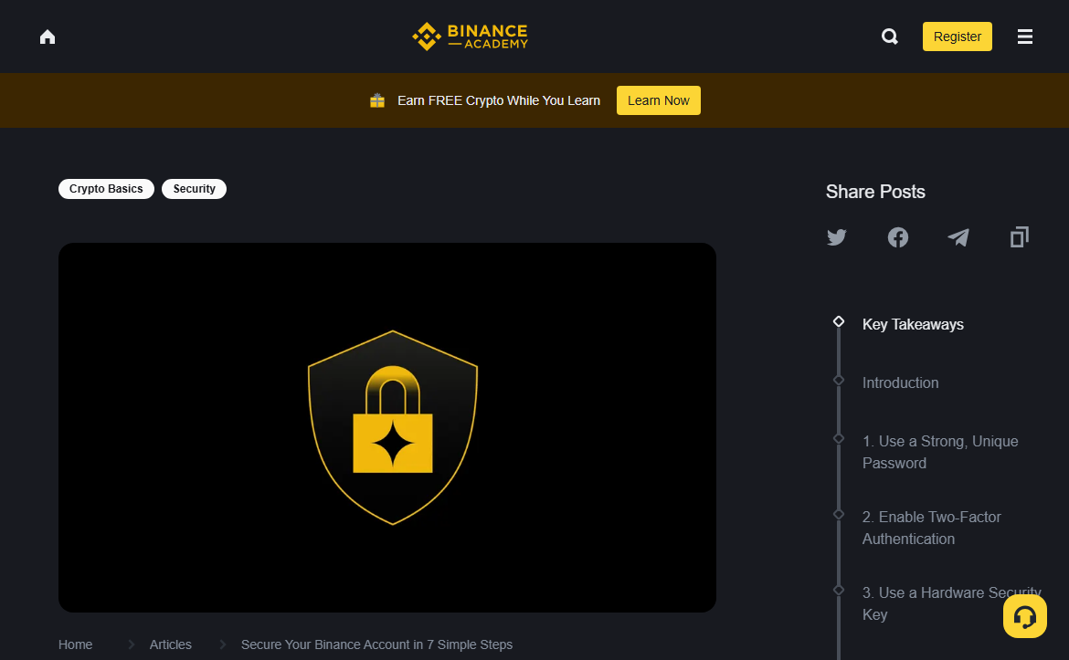 Public Binance Academy security guidance with a two-factor authentication section