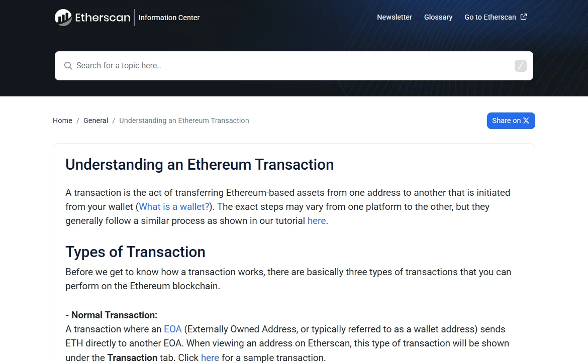 Справочная статья Etherscan Information Center о том, из чего состоит транзакция Ethereum и какие бывают её типы